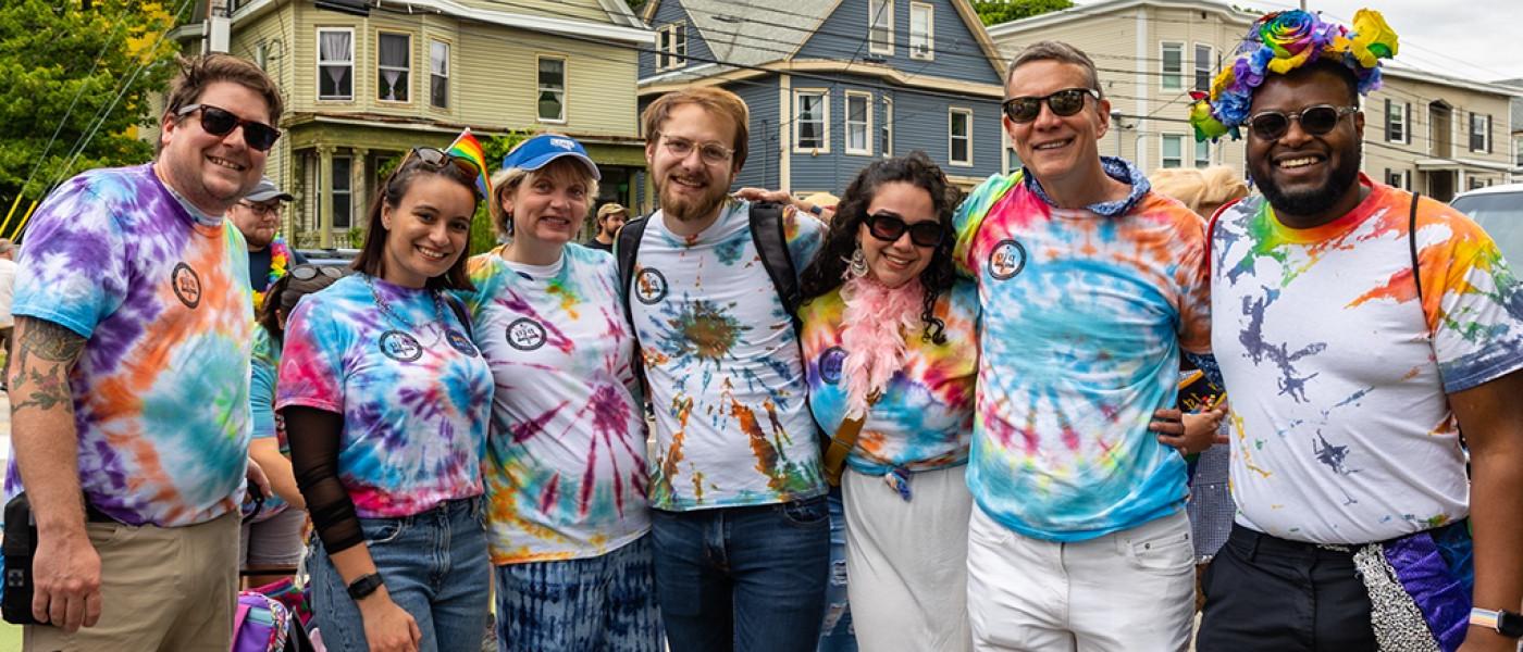 A group of U N E students at a Pride event in downtown Portland, Maine